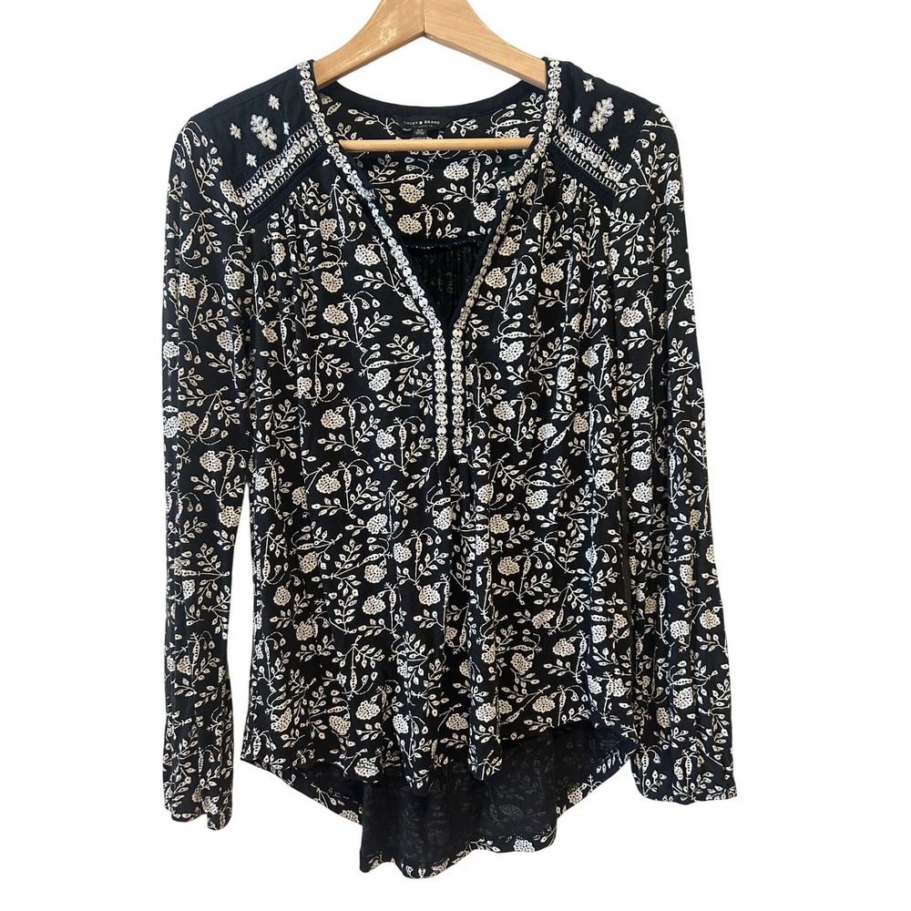 Lucky Brand Top Size S Black Floral Embroidered Boho V-Neck Festival Peasant